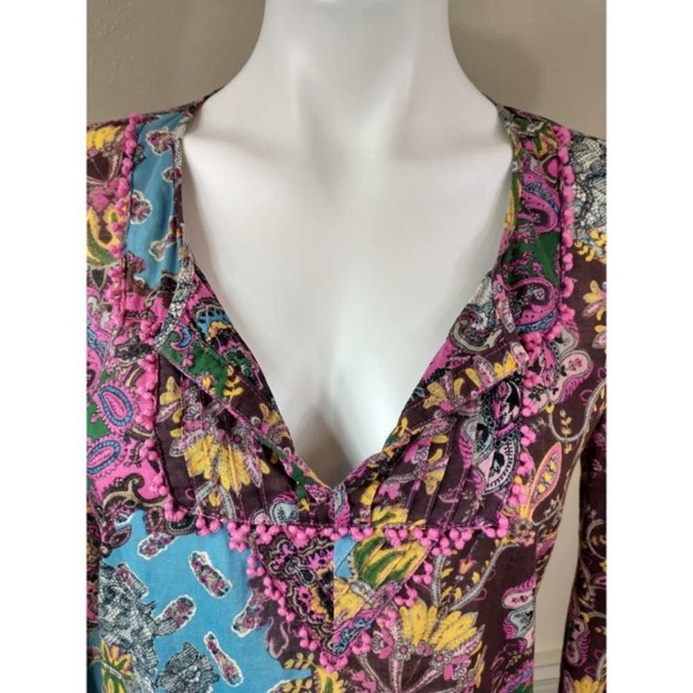Lucky Brand Bohemian Paisley Print Vibrant Multicolor Tunic Top‎ XS